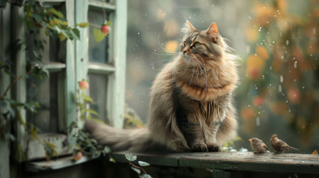 A large, fluffy cat sitting on a porch, watching birds in the garden with curiosity.の素材