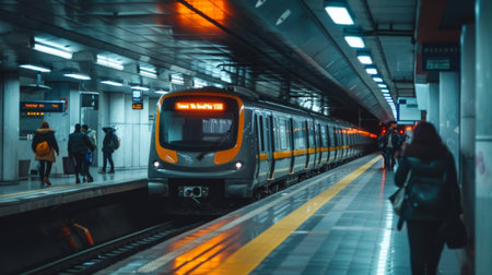 A modern subway train entering a station platform filled with commuters.の素材
