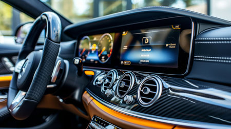 A luxury car's dashboard with a prominent speaker grill and high-tech audio controls.の素材