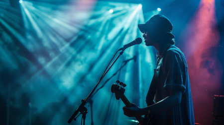 A musician performing live with a wireless microphone on stage, engaging the audience.の素材