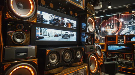 A high-performance car audio system on display, featuring multiple speaker configurations.の素材