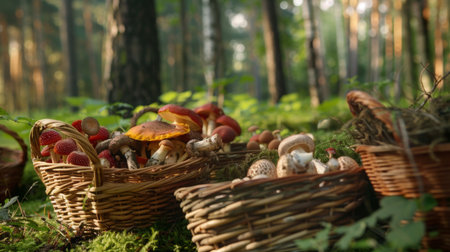A mushroom foraging expedition in a lush green woodland, with baskets filled with various fungi.の素材