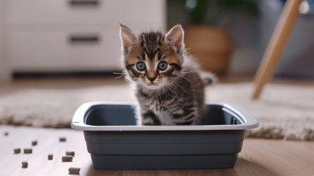 A kitten cautiously stepping into a litter box for the first time.の素材