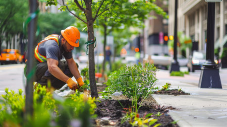 A landscaper planting ornamental trees along a sidewalk in a city street.の素材