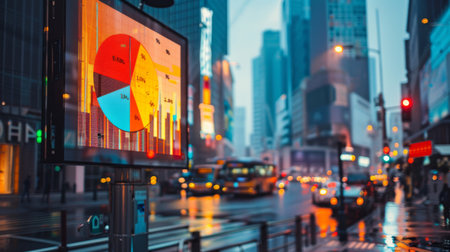 A pie chart displayed on a digital billboard in a city center, showing economic trends.の素材