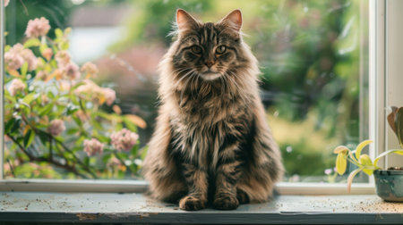 A large, fluffy cat sitting proudly on a windowsill, with a beautiful garden in the background.の素材