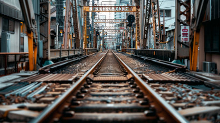 A perspective shot of parallel train tracks converging at a distant vanishing point in an urban setting.の素材