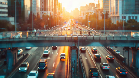 A pedestrian bridge over a busy highway with cars speeding below.の素材