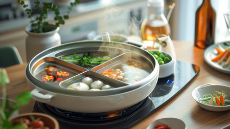 A modern electric hot pot cooking appliance with different compartments for broths.の素材