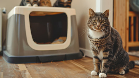 A multi-cat household with two cats near their respective litter boxes.の素材