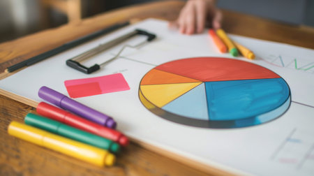 A pie chart diagram on a whiteboard during a team meeting, with markers and eraser nearby.の素材