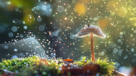 A macro shot of delicate mushroom spores releasing into the air from a mature cap.の素材