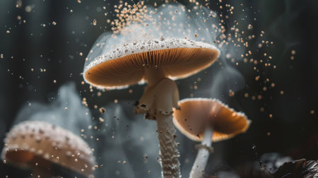 A macro shot of delicate mushroom spores releasing into the air from a mature cap.の素材
