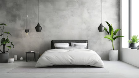 A modern bedroom interior with minimalist decor, including a sleek bed and contemporary furnitureの素材