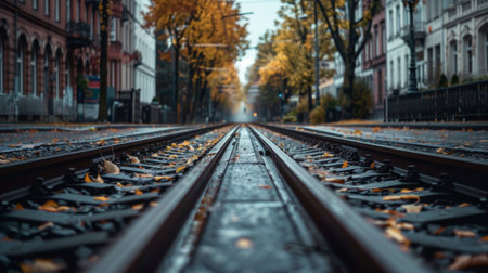 A perspective shot of parallel train tracks converging at a distant vanishing point in an urban setting.の素材