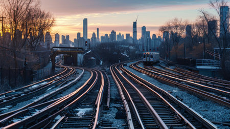 A perspective shot of curved train tracks with city skyline in the background.の素材