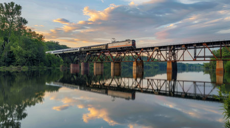 A passenger train traveling across a steel bridge over a calm river, reflecting the sky.の素材
