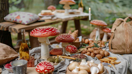 A mushroom-themed outdoor picnic with mushroom-shaped snacks and decorations.の素材