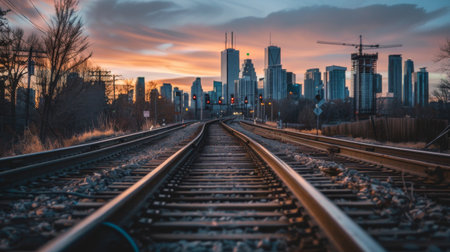 A perspective shot of curved train tracks with city skyline in the background.の素材