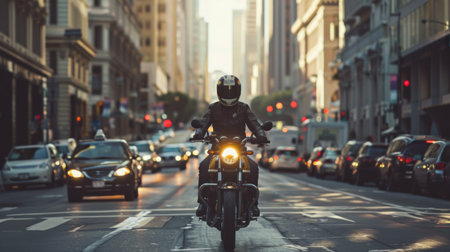 A motorcyclist riding through a city street amidst slow-moving traffic.の素材