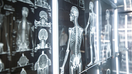 A series of X-ray films pinned to a lightbox, showing different parts of the human body for study.の素材