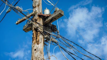 Close-up of a weathered telephone signal pole with wires against a blue sky, showcasing rural communication.の素材