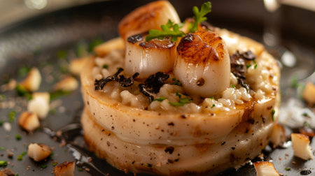 A seafood risotto served in a hollowed-out Parmesan wheel, topped with seared scallops and shaved trufflesの素材