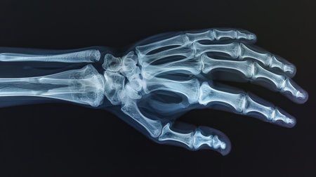 An X-ray image of a human hand, showing the intricate details of the bones and joints.の素材