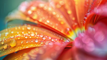 Macro shot of water droplets on a colorful flower petal, enhancing its natural beauty and texture.の素材