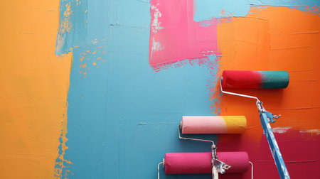 A wall being painted with rollers, creating a fresh coat of colorful paint in a home renovation project.の素材