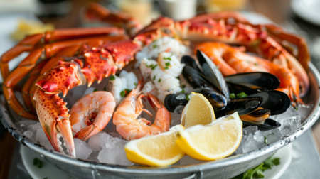 A seafood platter with lobster, crab legs, shrimp, and mussels, served on crushed ice with lemon wedges.の素材