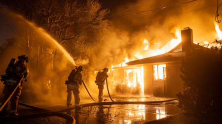Firefighters in full gear battling a house fire, spraying water from hoses to extinguish flames.の素材