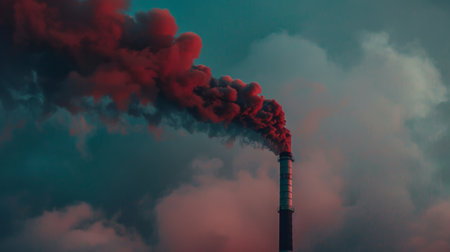 Smoke rising from an industrial smokestack, symbolizing air pollution and environmental impact.の素材