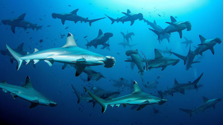 A school of hammerhead sharks swimming together in deep blue waters, creating an impressive underwater sight.の素材