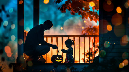 Silhouettes of a family carving pumpkins together on a porch, with spooky decorations in the background.の素材