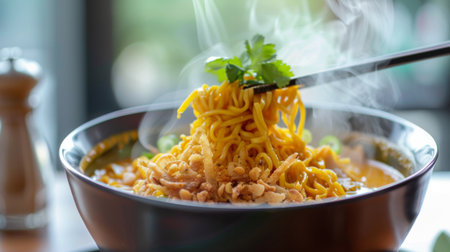 A steaming bowl of aromatic Khao Soi noodles in a rich coconut curry broth, topped with crispy noodles.の素材