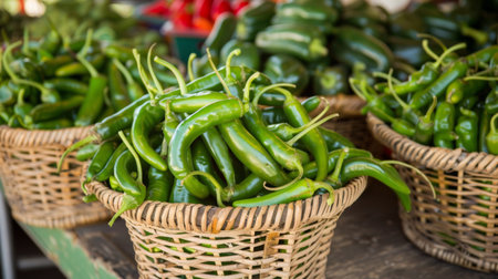 Freshly picked green chili peppers in a farmer's market stall, displayed in woven baskets.の素材