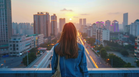 A young woman standing on a city bridge, taking in the panoramic view of the skyline.の素材