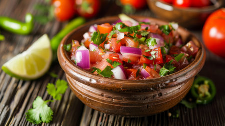 A spicy Mexican salsa with diced tomatoes, onions, cilantro, and chopped chili peppers, served in a bowl.の素材