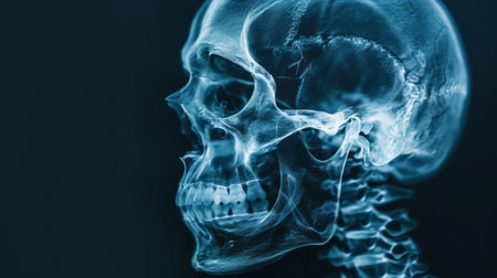 An X-ray image of a skull, highlighting the cranial structure and facial bones.の素材