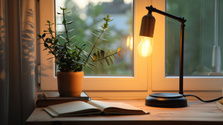 A vintage desk lamp with a classic light bulb, lighting up a wooden study desk.の素材