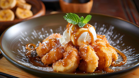 A traditional Thai dessert of crispy fried bananas served with coconut ice cream and caramel sauce.の素材