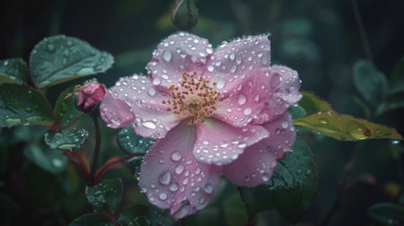 Close-up of raindrops on the petals of a wild rose blooming in a forest clearing, with soft natural light.の素材