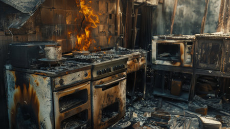 Charred remains of a kitchen after a fire, showing burnt appliances and damaged walls.の素材