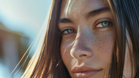 Close-up of a woman with a sleek and straight hairstyle, showcasing shiny, well-maintained hair.の素材