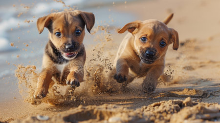 Two energetic puppies racing each other on a sandy beach, kicking up sand behind them.の素材