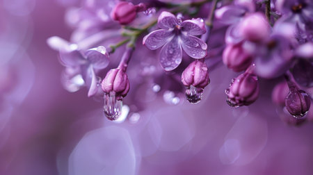 Water droplets on the delicate purple and white blossoms of a lilac tree in early spring.の素材