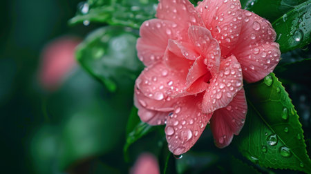 Raindrops on the pink petals of a camellia flower bush, with green foliage in the background.の素材
