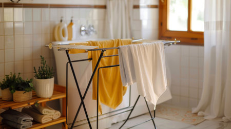 A collapsible drying rack fully extended with towels and sheets hanging to dry.の素材