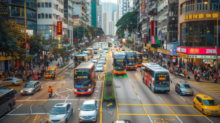 A busy urban intersection with cars, buses, and pedestrians during rush hour.の素材